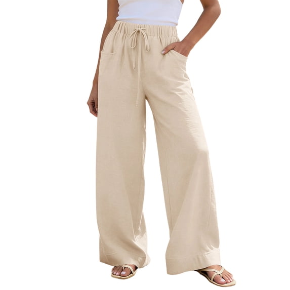 Fewfanhot Womens Pants Linen Pants Summer Palazzo Flowy Wide Leg Beach Trousers with Pockets