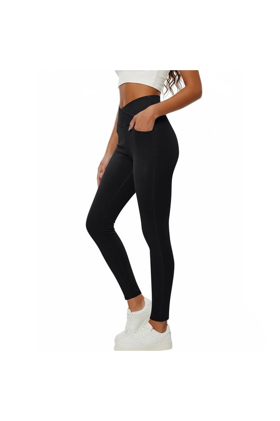 Womens Pants V Cross Waist Workout Leggings Tummy Control Running Yoga Pants with Pockets