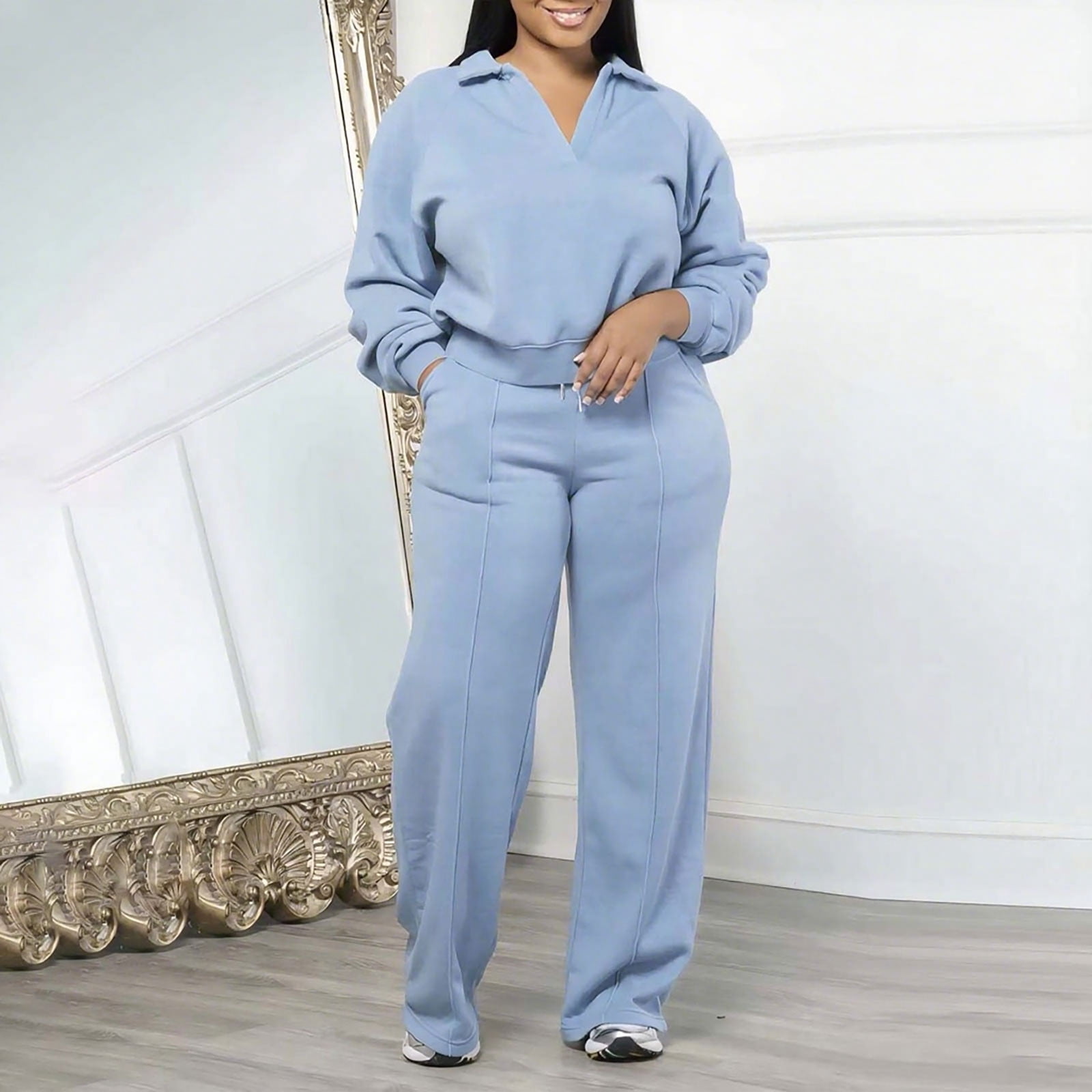 Fewfanhot Womens Sets 2 Piece Outfits Fall Casual V Neck Sweatshirt with Wide Leg Sweatpants Tracksuit Lounge Set