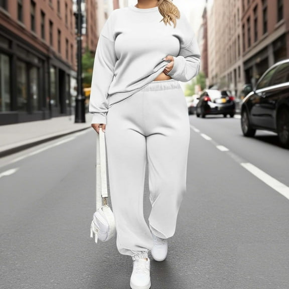 Fewfanhot Womens Sets Plus Size Sweatshirts Long Sleeve Fleece Hoodies Fall Crew Neck Pullover Tops with Pockets