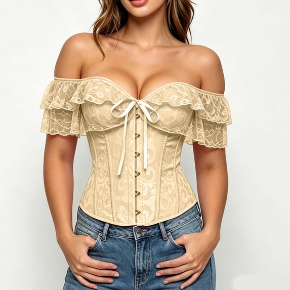 Fewfanhot Womens Shapewear Tummy Control Off the Shoulder Top with a Lace Collar for Casual Looks Brunch Vacations