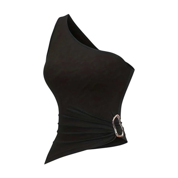 Fewfanhot Womens Shapewear Tummy Control One Shoulder Tank Tops Ruched Sleeveless Asymmetrical Tops
