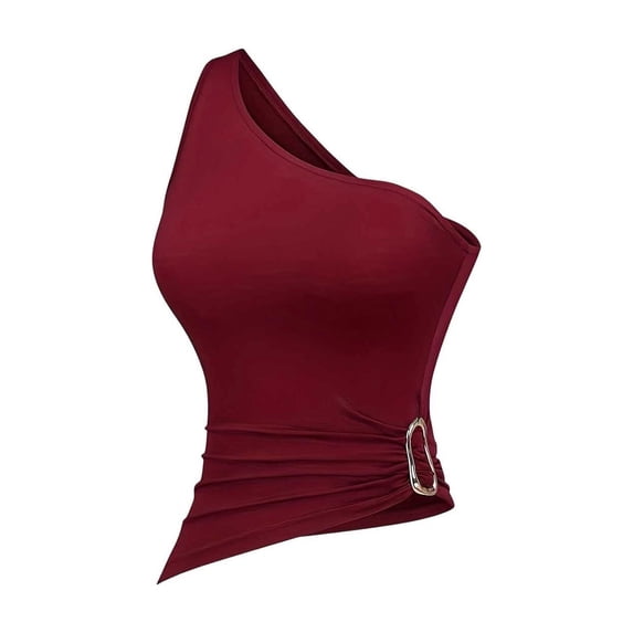 Fewfanhot Womens Shapewear Tummy Control One Shoulder Tank Tops Ruched Sleeveless Asymmetrical Tops
