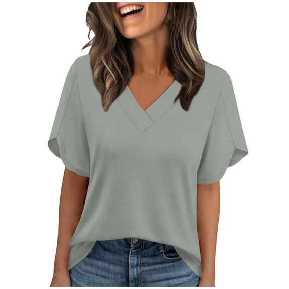 Fewfanhot Womens Shirts Summer Tops Short Petal Sleeve Shirts Fashion V Neck Outfits Clothes