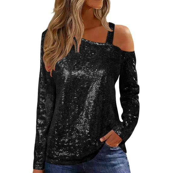 Fewfanhot Womens Shirts V Neck Loose Summer Shirt Off Shoulder Sparkly Disco Party Plus Size Blouses