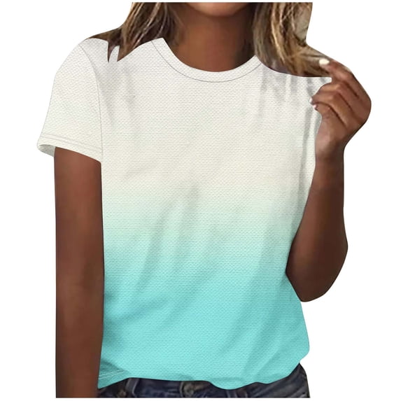 Fewfanhot Womens Short Sleeve Tops Summer T Shirts Round Neck Gradient Color Casual Fashion Basic Tee, S-5XL