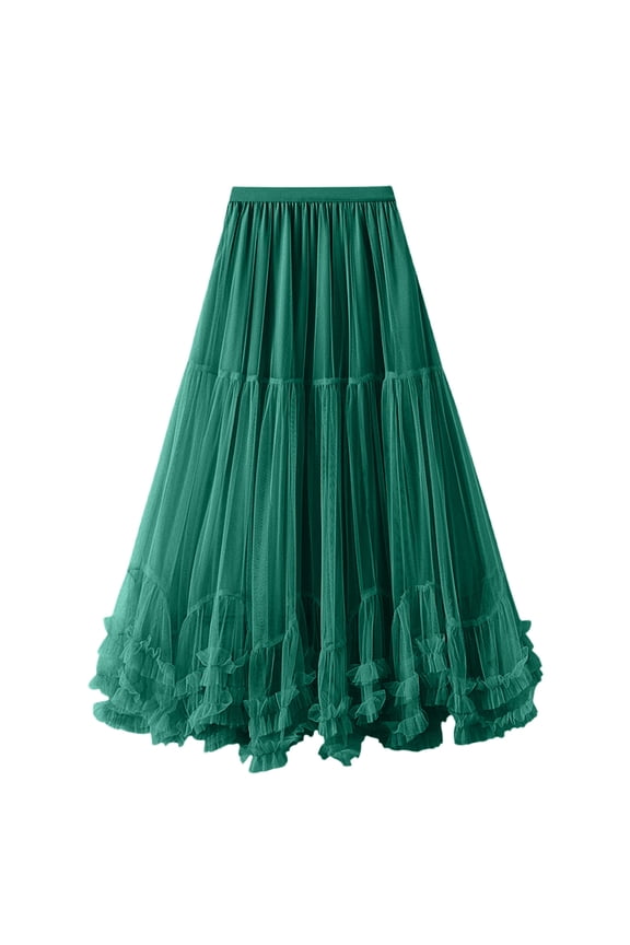 Womens Skirts A-Line Fairy Patterned Elastic Waist Ruffle Tulle Layered Midi Skirt