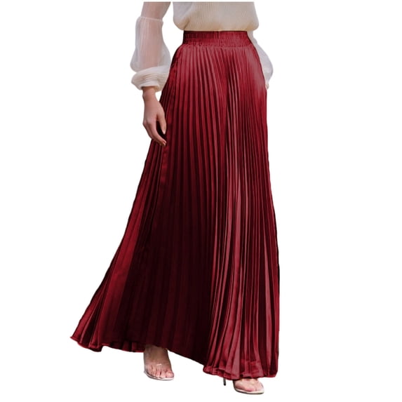 Fewfanhot Womens Skirts High Elastic Waist Velvet Midi Long Pleated Swing Ruffled Skirt