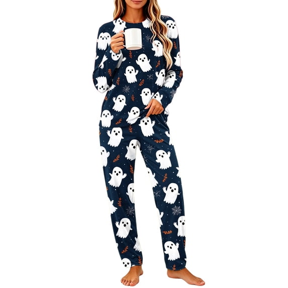 Fewfanhot Womens Sleepwear Halloween Pajama Set Crew Neck Pjs Long Sleeve Loungewear Pajamas Plus Size Sleepwear