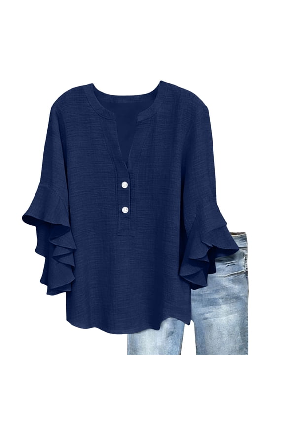 Womens Spring Outfits 3/4 Length Sleeve Tops Dressy Casual Business Blouses Ruffle V Neck Summer Work Shirts