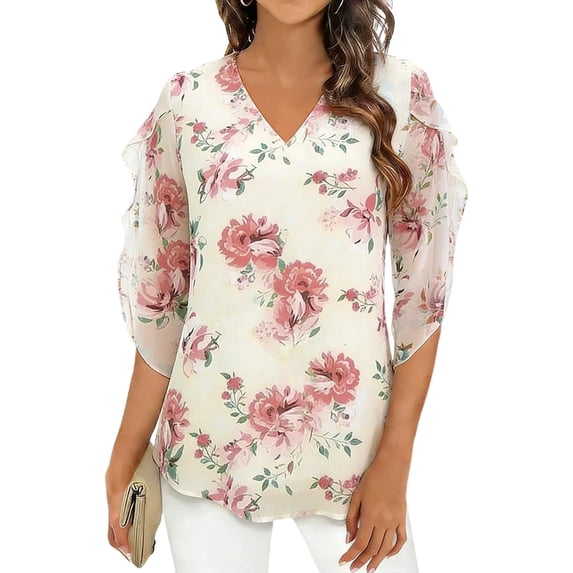 Fewfanhot Womens Spring Outfits Dressy Casual Tops Ruffle 3/4 Sleeve V Neck Floral Chiffon Blouses