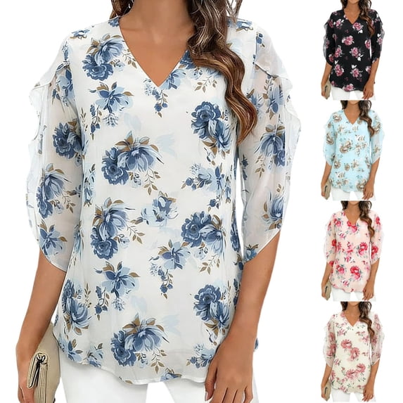 Fewfanhot Womens Spring Outfits Dressy Casual Tops Ruffle 3/4 Sleeve V Neck Floral Chiffon Blouses