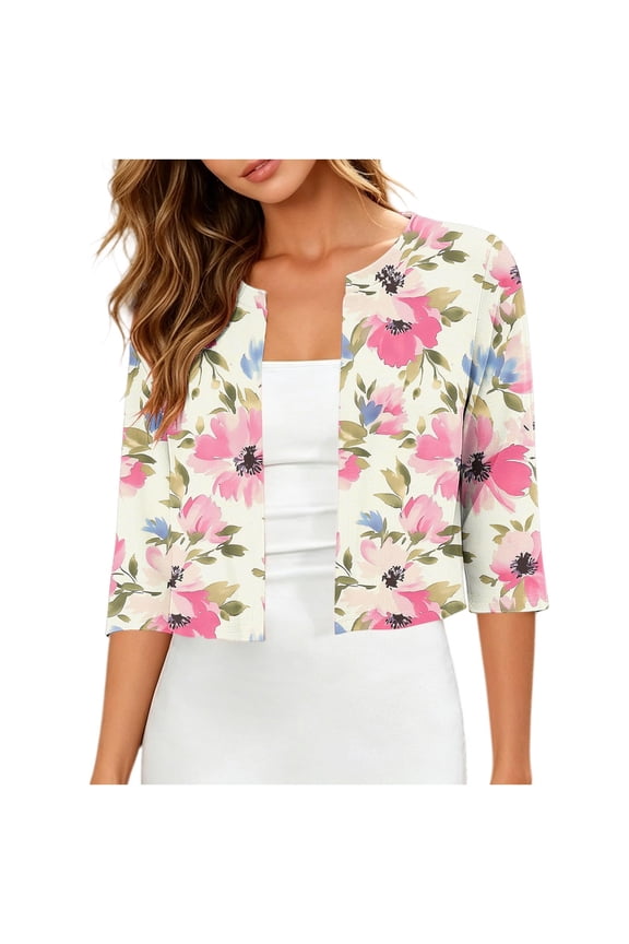 Womens Spring Tops 3/4 Sleeve Open Front Cropped Bolero Shrug Cardigan Top