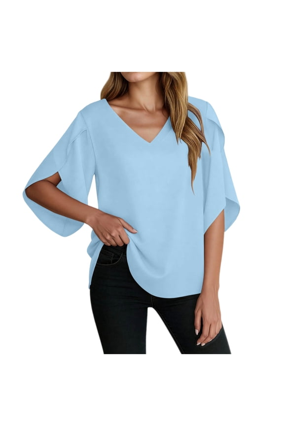 Womens Spring Tops Casual Chiffon Tops Summer 3/4 Ruffled Sleeve Blouse for Women