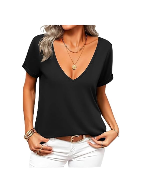 Womens Spring Tops Deep V Neck Shirts Summer Low Cut Top Short Sleeve Tshirts Trendy Clothes Fashion Clothing