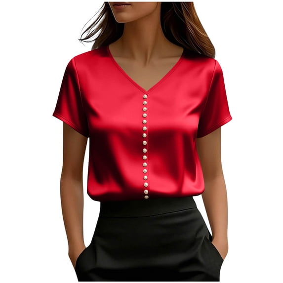Fewfanhot Womens Spring Tops Silk Satin Cap Short Sleeve Blouse V Neck Shirts Business Casual Outfits