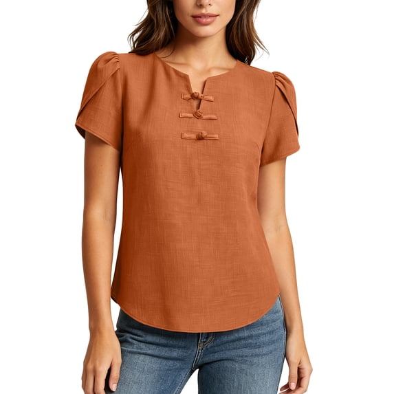 Fewfanhot Womens Summer Clothes Short Sleeve Tops Petal V Neck Blouses Dressy Casual 2026 Trendy Henley Shirts