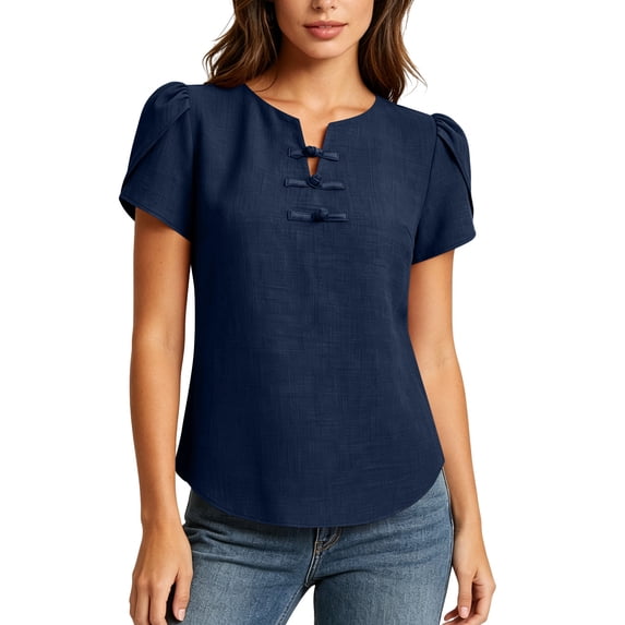 Fewfanhot Womens Summer Clothes Short Sleeve Tops Petal V Neck Blouses Dressy Casual 2026 Trendy Henley Shirts