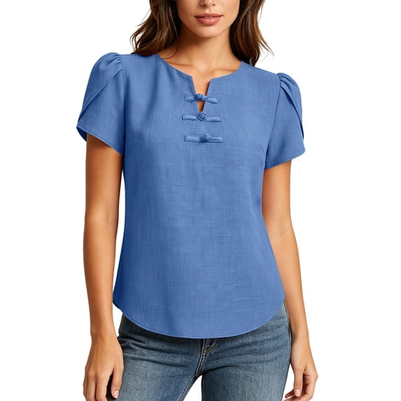 Fewfanhot Womens Summer Clothes Short Sleeve Tops Petal V Neck Blouses Dressy Casual 2026 Trendy Henley Shirts
