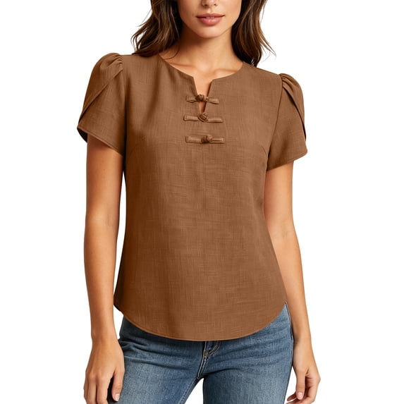 Fewfanhot Womens Summer Clothes Short Sleeve Tops Petal V Neck Blouses Dressy Casual 2026 Trendy Henley Shirts