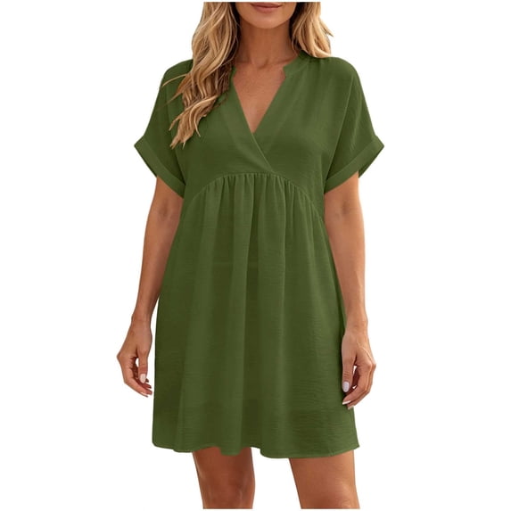 Fewfanhot Womens Summer Dresses Summer Dresses 2026 Beach Casual Deep V Neck Loose Sundress Short Sleeve Mini Dress with Pockets