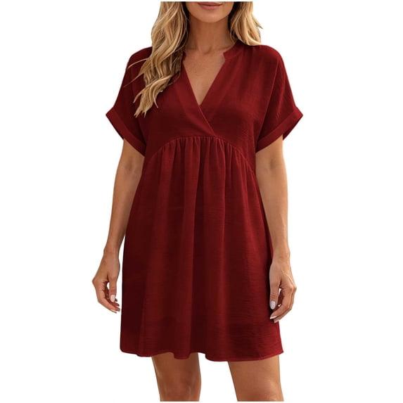 Fewfanhot Womens Summer Dresses Summer Dresses 2026 Beach Casual Deep V Neck Loose Sundress Short Sleeve Mini Dress with Pockets