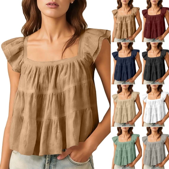 Fewfanhot Womens Summer Tops Ruffle Pleated Square Neck Cap Sleeve Loose Fit Casual Blouse Top