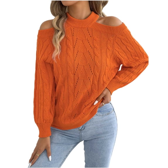 Fewfanhot Womens Sweaters Oversized Cable Knit Sweater Off Shoulder, Solid Color Crew Neck Sweater