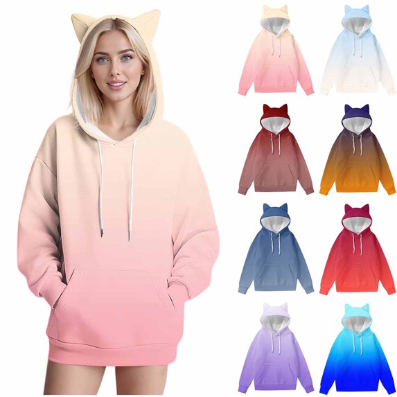 Fewfanhot Womens Sweatshirt Cat Ear Fall Trendy Basic Plain Hooded Pullover Sweater Tops Long Sleeve Sweatshirt