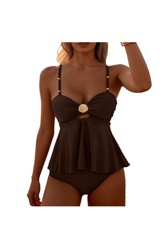 Womens Swimsuit Cover Up Tankini Bathing Suits Bandeau 2 Piece Swimsuits Shell Swim Tank Top with High Waisted Bottom