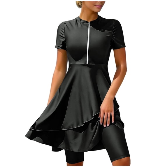 Fewfanhot Womens Swimsuits Rash Guard Swimdress Short Sleeve Zipper Tummy Control Swim Dress 2 Piece Bathing Suit with Shorts