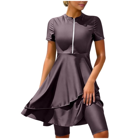 Fewfanhot Womens Swimsuits Rash Guard Swimdress Short Sleeve Zipper Tummy Control Swim Dress 2 Piece Bathing Suit with Shorts