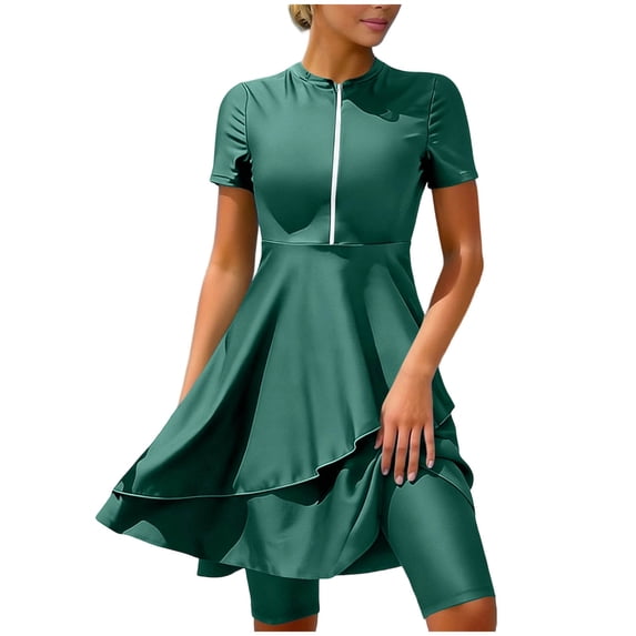 Fewfanhot Womens Swimsuits Rash Guard Swimdress Short Sleeve Zipper Tummy Control Swim Dress 2 Piece Bathing Suit with Shorts