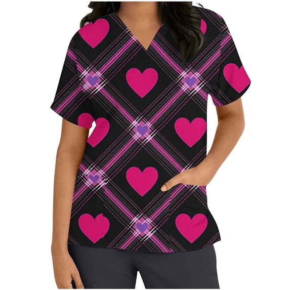 Fewfanhot Womens T Shirts Printed V-neck Short Sleeved Pocket Scrub Top