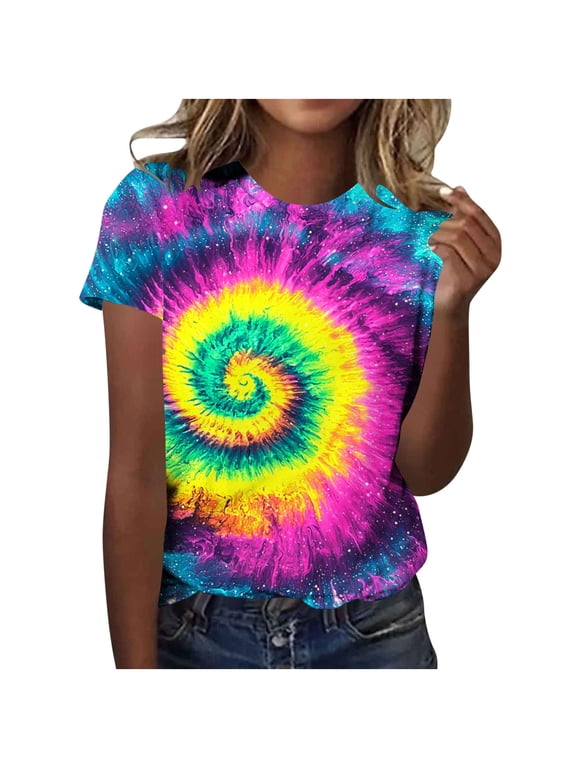 Womens Tie-Dye Printed T-Shirts Dressy Casual Short Sleeve 2026 Summer Tops Spring Crew Neck Fashion Ladies Blouses, S-5XL