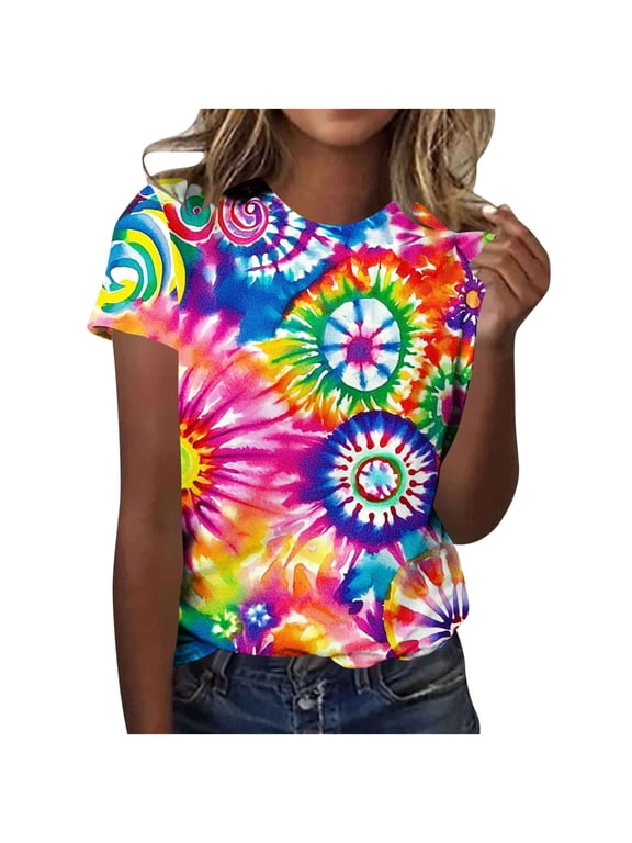 Womens Tie-Dye Printed T-Shirts Dressy Casual Short Sleeve 2026 Summer Tops Spring Crew Neck Fashion Ladies Blouses, S-5XL