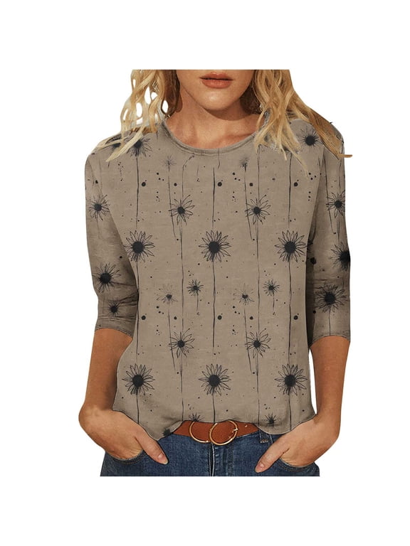 Womens Tops 3/4 Sleeve Flowers Printed Graphic Tee Tops Autumn Long Sleeve Tops