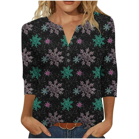 Fewfanhot Womens Tops 3/4 V Neck Sleeve Christmas Shirts Merry Christmas Shirts Plaid Leopard Tree Graphic Tee Tops