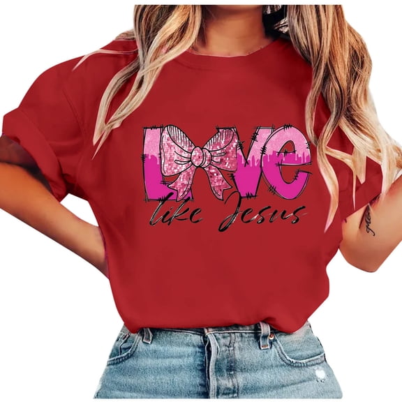 Fewfanhot Womens Tops Bow Shirts for Women Love Letter Print T-Shirts Casual Pink Ribbon Short Sleeve Tops