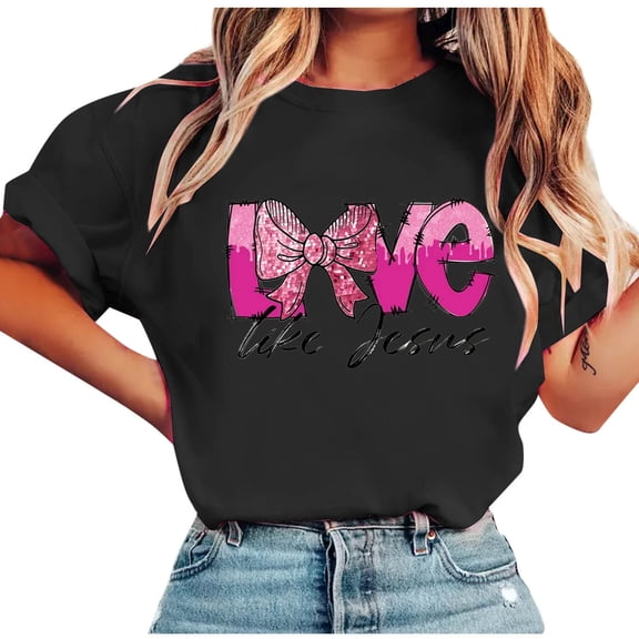 Fewfanhot Womens Tops Bow Shirts for Women Love Letter Print T-Shirts Casual Pink Ribbon Short Sleeve Tops