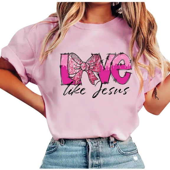 Fewfanhot Womens Tops Bow Shirts for Women Love Letter Print T-Shirts Casual Pink Ribbon Short Sleeve Tops