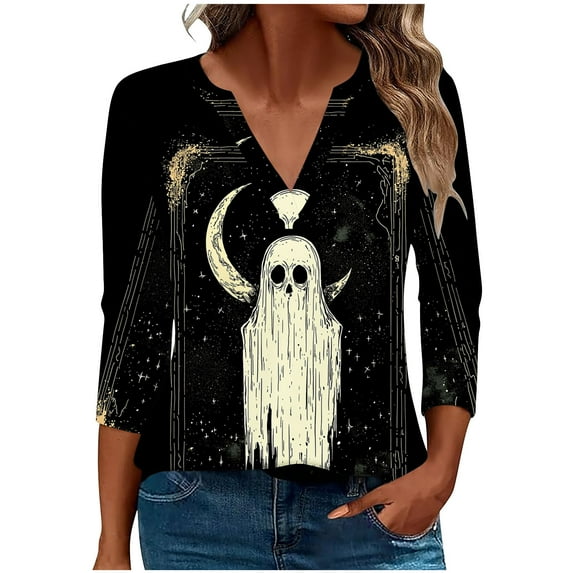 Fewfanhot Womens Tops Casual Casual Loose Halloween Fall/Winter Printed T-shirt 3/4 Sleeves V-Neck Blouse