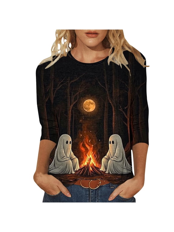 Womens Tops Casual Halloween Fashion Printed Round Neck Three Quarter Sleeve T-shirt Loose Top