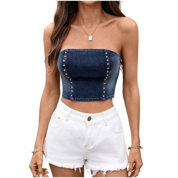 Fewfanhot Womens Tops Casual Slim Fit Tube Denim Top Solid Elastic Trim Pullover Crop Tops