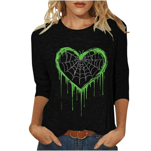 Fewfanhot Womens Tops Halloween Fashion Printed Round Neck Three Quarter Sleeve T-shirt Loose Top
