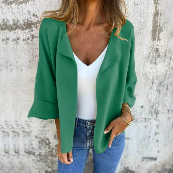 Fewfanhot Womens Tops Long Sleeve Solid Color Knit Blazer Work Office Open Front Blazer Jacket