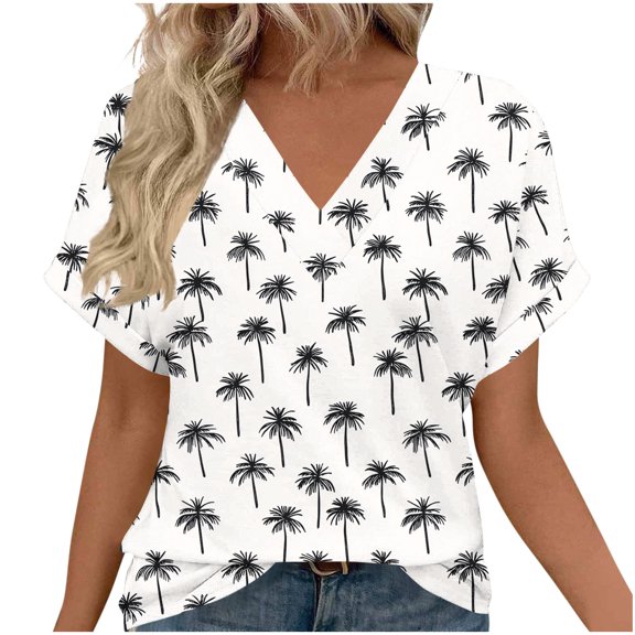 Fewfanhot Womens Tops Soft Summer Hawaii Tshirts Beach Print V Neck Button up Tops Floral Short Sleeve Tops