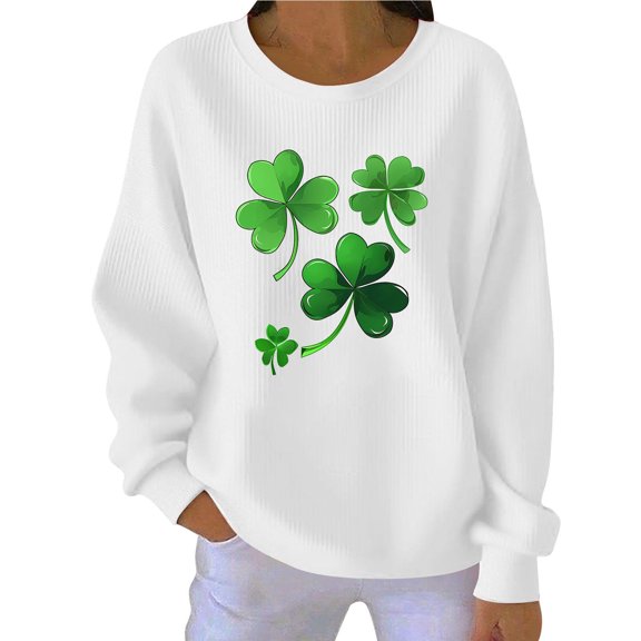 Fewfanhot Womens Tops St. Patricks Day Shamrock Sweatshirt Raglan Sleeve Clover Print Jumper Irish Crew Neck Pullover Tops