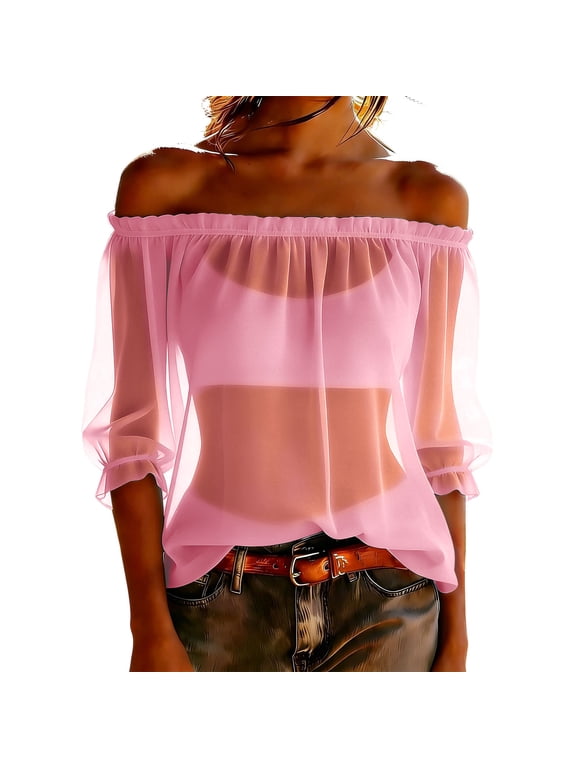 Womens Tops Summer Off Shoulder Ruched Tie Back Crop Top Summer Lantern Sleeve Boho Shirt Blouse