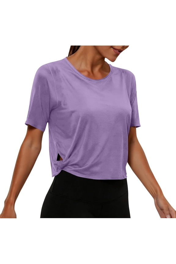 Womens Tops Workout T-Shirts Loose Fit Short Sleeve Running Basic Tee Tops with Split Hem